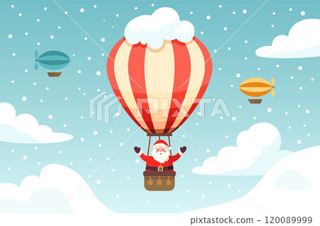 Santa Claus flying on hot air balloon. Festive poster for Christmas design. Santa Claus flying on hot air balloon. Festive poster for Christmas design. 120089999