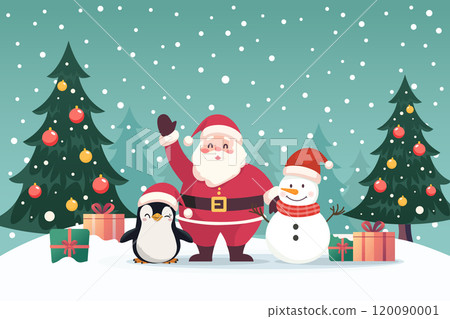 Santa claus with snowman and penguin in snow field with christmas trees. Cute cartoon. Santa claus with snowman and penguin in snow field with christmas trees. Cute cartoon. 120090001
