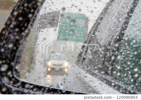 Driving in the rain (following car seen from the passenger side mirror) Driving in the rain (following car seen from the passenger side mirror) 120090803