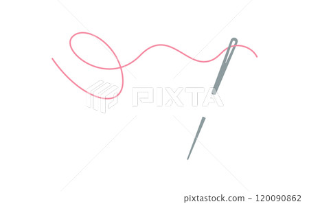 Embroidery needle and thread logo, flat sewing supplies illustration, doodle dressmaking accessories element, hand drawn embroidery tool design, cartoon tailor decoration object, 120090862