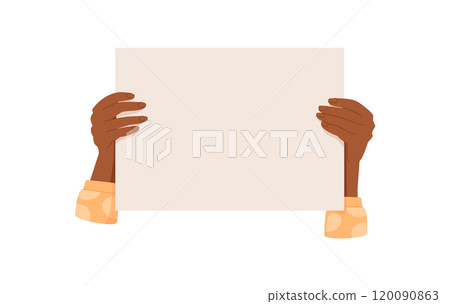 Woman hand holds placard, person parade protest flag, human holding revolution board, hand hold strike poster, right activist raise empowerment banner, character holds support placard, 120090863