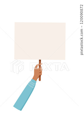 Woman hand holds sign, people show up strike placard, woman holding empowerment sign, person raise demonstration poster, hand holds revolution flag, right activist hold protest banner, 120090872