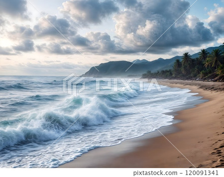 a beautiful beach scene with white waves crashing onto the shore, surrounded by lush green mountains and a clear blue sky. AI Generative 120091341