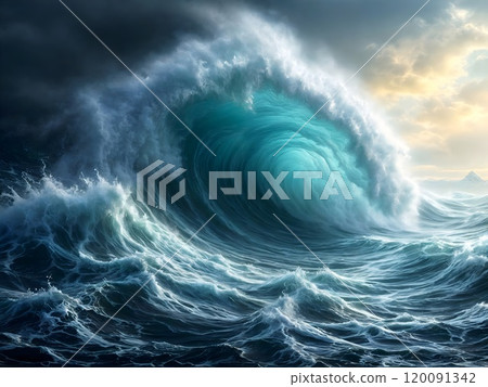 a towering water wave breaking on the surface of the ocean. AI Generative 120091342