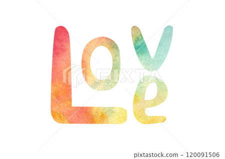 Word love hand written with colorful watercolor isolated on white background. Hand painted watercolor illustration. Perfect St Valentine day, for love cards, posters decor. Clip art. Graphic design 120091506