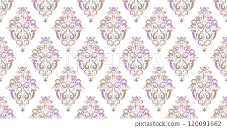 Wallpaper in the style of Baroque. Seamless vector background. Colored floral ornament. Graphic pattern for fabric, wallpaper, packaging. Ornate Damask flower ornament Wallpaper in the style of Baroque. Seamless vector background. Colored floral ornament. Graphic pattern for fabric, wallpaper, packaging. Ornate Damask flower ornament 120091662