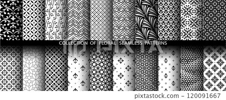 Geometric floral set of seamless patterns. White and black vector backgrounds. Damask graphic ornaments. 120091667