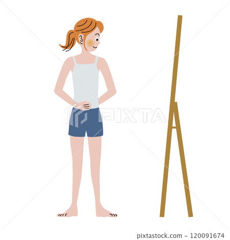 一位女士在鏡子前檢查自己的體重是否增加 一位女士在鏡子前檢查自己的體重是否增加 120091674