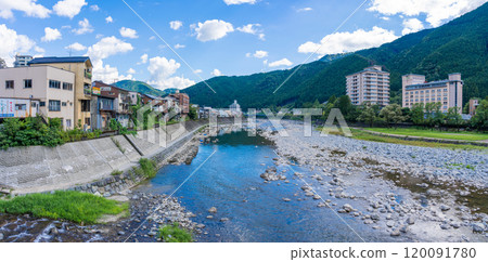 Panoramic view of the Hida River flowing through Gero Onsen Panoramic view of the Hida River flowing through Gero Onsen 120091780