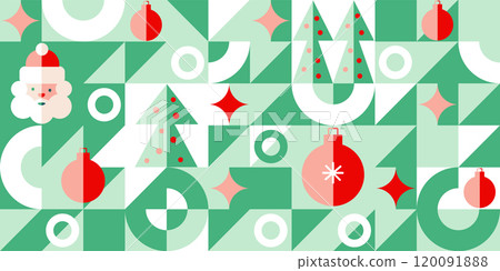 Christmas abstract geometric background in bauhaus style. Seamless festive vector mosaic, minimal scandinavian ornament. Merry Christmas, wallpaper, banner, festive cover design. Winter holiday. 120091888