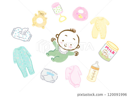 Hand-drawn illustration set of babies and baby goods Hand-drawn illustration set of babies and baby goods 120091996