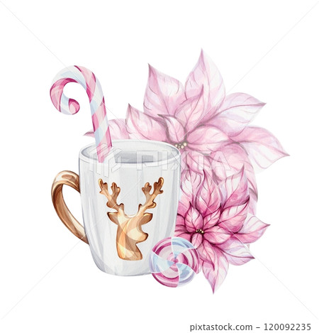 Watercolor Christmas white mug with gold reindeer, isolated. Candy cane, poinsettia flowers. Noel. Template, elements for new year greeting cards, invitation, poster, celebration, banner, print, party 120092235