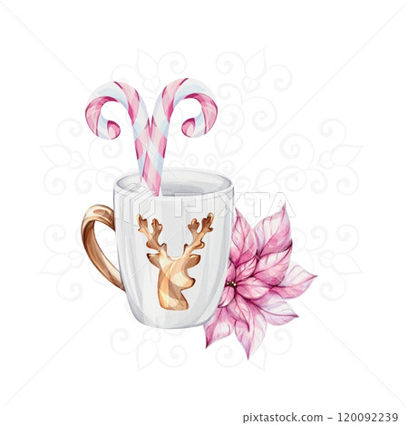 Watercolor Christmas white mug with gold reindeer with openwork snowflake, isolated. Candy cane, poinsettia flowers. Noel. Template, elements for new year greeting cards, invitation, poster 120092239