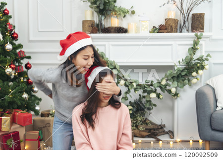 Two Women siblings using hands decorate Christmas tree red ball, bauble, snow flake. Close up hands holding red ball bauble decorate. Asian woman friends decor bauble ball christmas tree xmas holiday Two Women siblings using hands decorate Christmas tree red ball, bauble, snow flake. Close up hands holding red ball bauble decorate. Asian woman friends decor bauble ball christmas tree xmas holiday 120092509