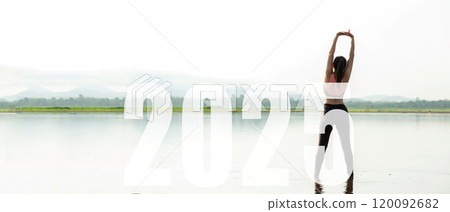 Happy new year start up 2025.  Yoga women lifestyle exercise and pose for healthy life 120092682