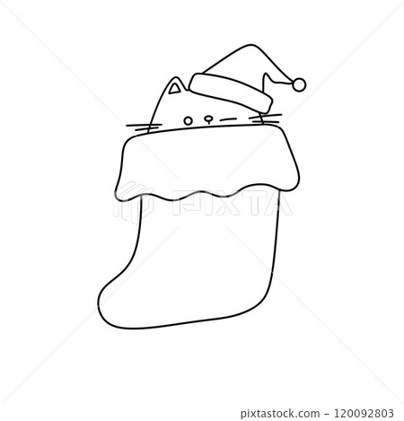 A cat is sitting in a stocking with a hat on top 120092803