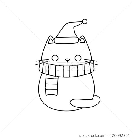 A cat is wearing a hat and scarf and is sitting on a white background 120092805