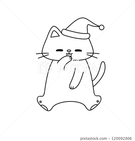 A cat is wearing a Santa hat and is sitting on the ground 120092806