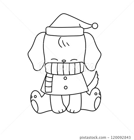 A dog is wearing a hat and a scarf and is sitting on the ground A dog is wearing a hat and a scarf and is sitting on the ground 120092843