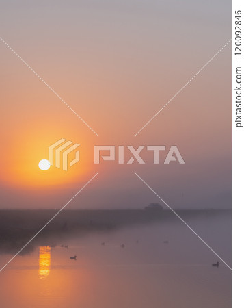 A Serene Sunrise Over a Misty Lake, Featuring Beautiful Reflections and Beautiful Silhouettes A Serene Sunrise Over a Misty Lake, Featuring Beautiful Reflections and Beautiful Silhouettes 120092846
