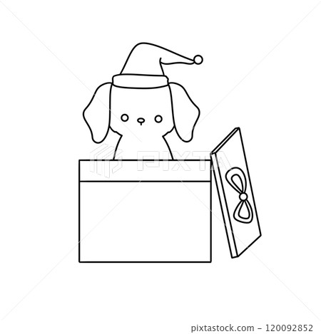 A dog is sitting in a box with a hat on his head 120092852