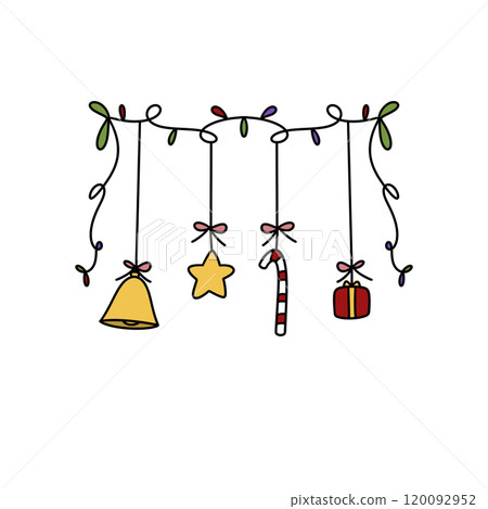 A Christmas decoration with a bell, star, and candy cane hanging from a string 120092952