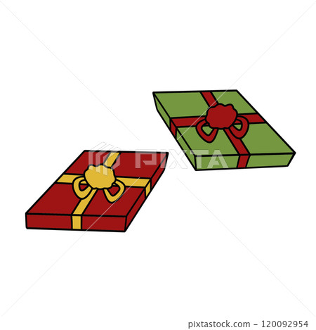 Two boxes of gifts with red and green ribbons 120092954