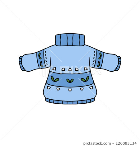 A blue sweater with green leaves on it A blue sweater with green leaves on it 120093134