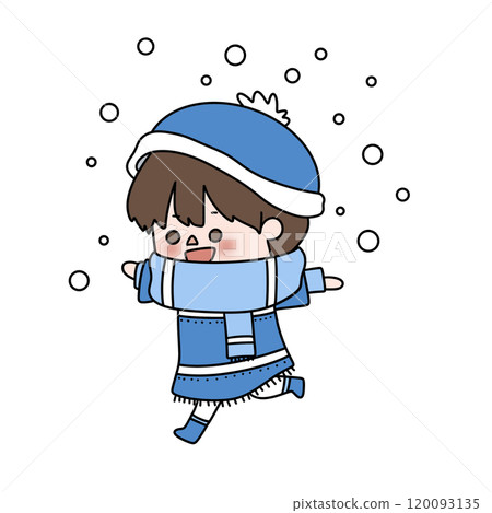 A cartoon character is wearing a blue hat and scarf and is running in the snow A cartoon character is wearing a blue hat and scarf and is running in the snow 120093135