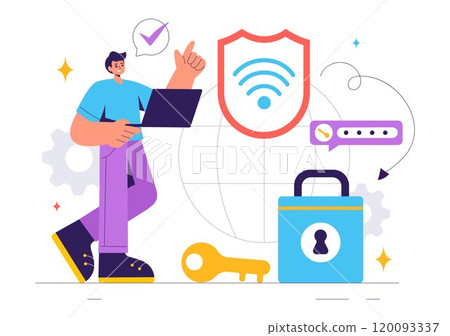 WiFi Security Vector Illustration with Wireless Technology Devices for Internet Connection, Network Protection, Safe Access, and Password Encryption 120093337