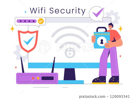 WiFi Security Vector Illustration with Wireless Technology Devices for Internet Connection, Network Protection, Safe Access, and Password Encryption 120093341