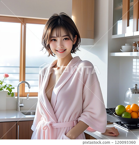 A beautiful woman standing in a spacious kitchen with the morning sun shining in. Loungewear. Fluffy pajamas. Winter vibe. AI generated A beautiful woman standing in a spacious kitchen with the morning sun shining in. Loungewear. Fluffy pajamas. Winter vibe. AI generated 120093360