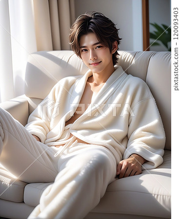 A handsome man relaxing on a sofa in a living room with the morning sun shining in. Loungewear. Fluffy pajamas. AI generated 120093403
