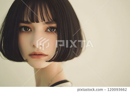 Beautiful young Japanese woman portrait with short black bob hair 120093662