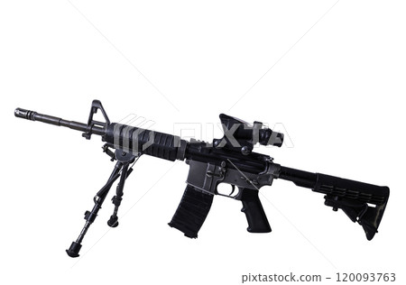 C8 Diemaco carbine equipped with a bipod and scope. The firearm features a tactical rail system, adjustable stock, and a mounted optical sight, making it suitable for precision shooting. Ideal for C8 Diemaco carbine equipped with a bipod and scope. The firearm features a tactical rail system, adjustable stock, and a mounted optical sight, making it suitable for precision shooting. Ideal for 120093763