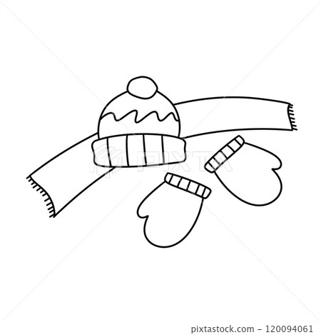 A hat and mittens are on a scarf 120094061