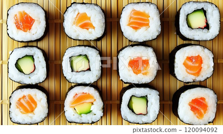Assorted Sushi Rolls on Bamboo Mat 120094092
