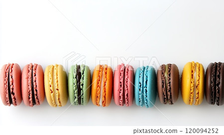 Colorful Macarons Neatly Arranged on White Surface 120094252