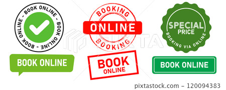 Book online e-commerce reservation retail hotel restaurant website booking service stamp badge sticker label colorful design icon set collection Book online e-commerce reservation retail hotel restaurant website booking service stamp badge sticker label colorful design icon set collection 120094383