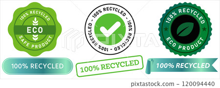 100% recycled recyclable product eco-friendly save earth reusable stamp green badge emblem waste nature care sticker design icon set collection 120094440