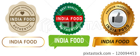 India food traditional cuisine restaurant premium ingredients tasty stamp colorful badge sticker label emblem ribbon design icon set collection 120094453