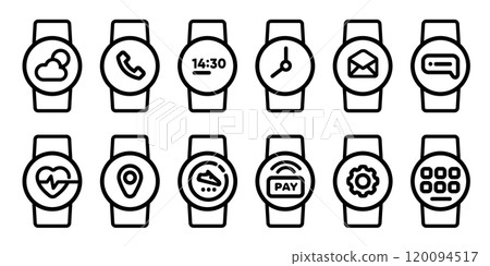 smart watch icon set line round interface set collection from call clock heart rate step monitor wireless payment app symbol 120094517