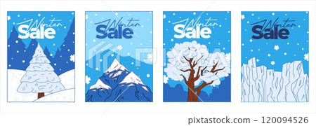Winter sale collection poster brochure holiday special offer promotion seasonal advertising ads nature object scenery set colorful snow trees mountain set cover design Winter sale collection poster brochure holiday special offer promotion seasonal advertising ads nature object scenery set colorful snow trees mountain set cover design 120094526