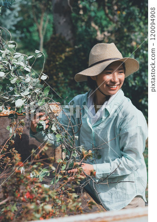 A woman collecting pruning branches in the bed of a light truck 120094908