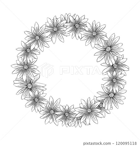 Hand drawn composition of Jerusalem artichoke flower. Round frame of Jerusalem artichoke flower for card design. Hand drawn composition of Jerusalem artichoke flower. Round frame of Jerusalem artichoke flower for card design. 120095118