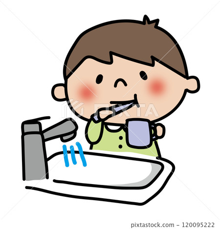 A boy brushing his teeth while running water A boy brushing his teeth while running water 120095222