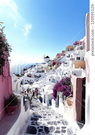 Poster with view of santorini island, greece. White buildings against blue sky and sea, watercolour pop-art pastele colours 120095329