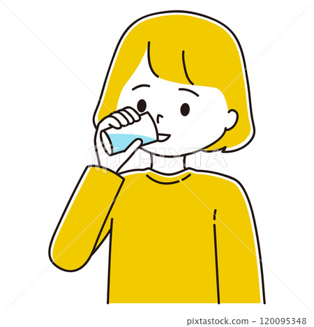 一名婦女從玻璃杯中喝大量水的插圖 120095348