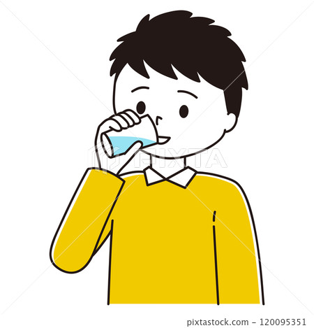一個男人從玻璃杯裡喝大量水的插圖 120095351