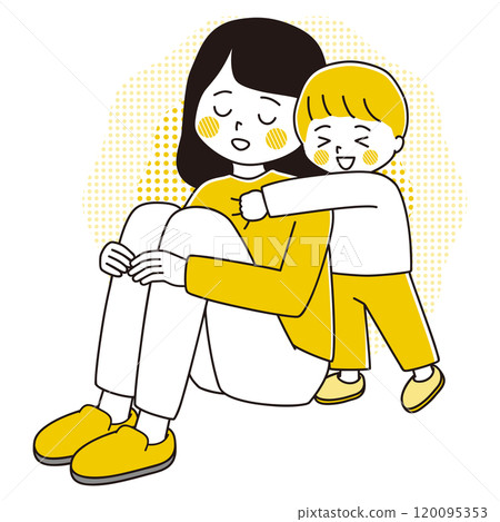 Illustration of a boy hugging a woman sitting cross-legged 120095353